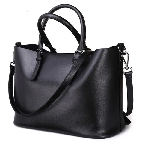 Genuine Leather Tote Bag for Women, Black Shoulder Bag with .